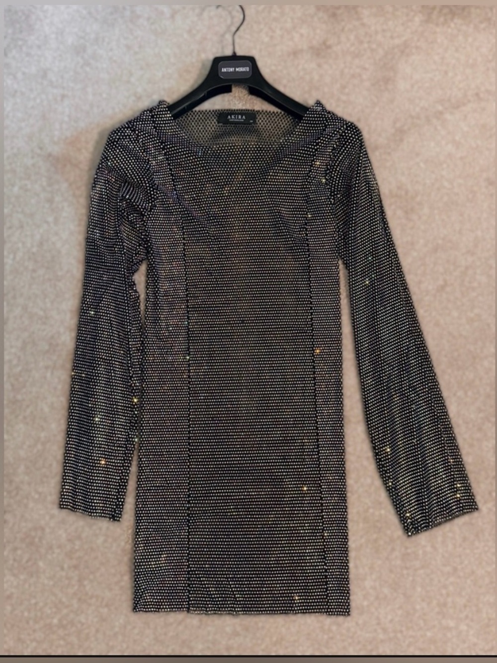 AKIRA Black Rhinestone Sheer Mesh Long Sleeve Mini Dress S/M